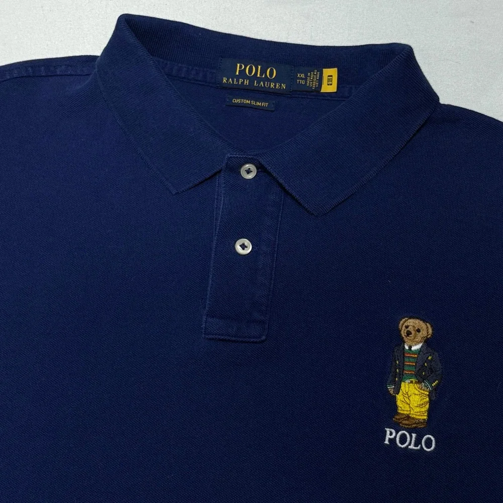 Polo Ralph Lauren Polo Shirt Mens XXL Navy Blue Bear Custom Slim Fit Preppy Logo